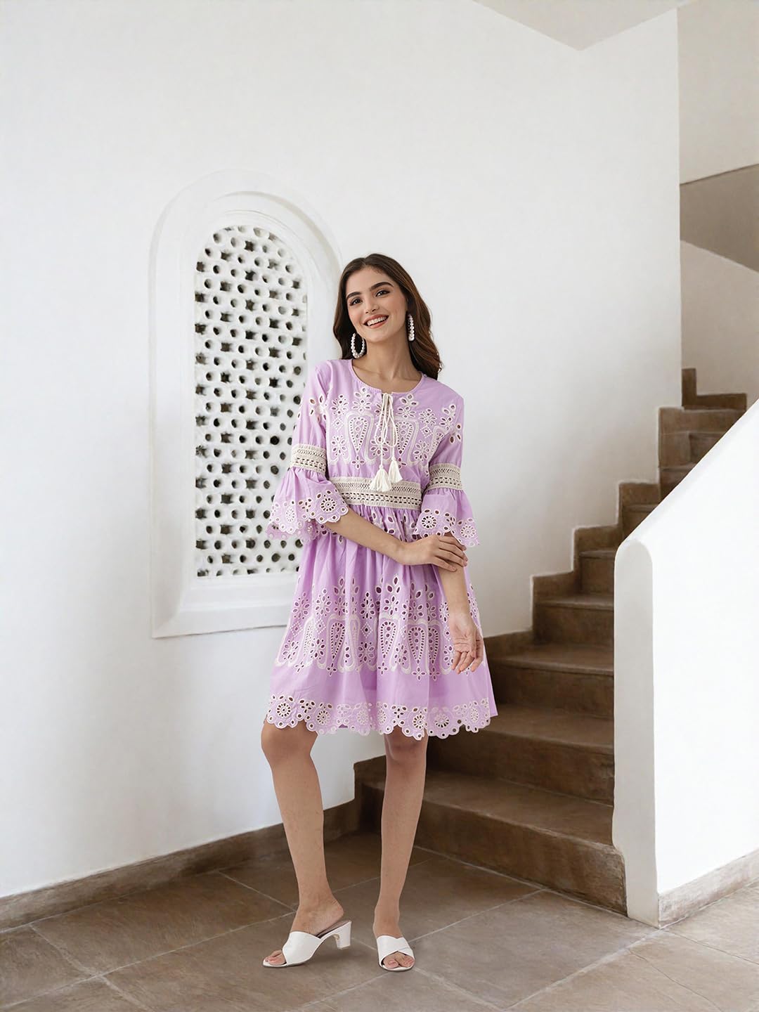 Ishin Schiffli Pure Cotton A-Line Dress Lilac