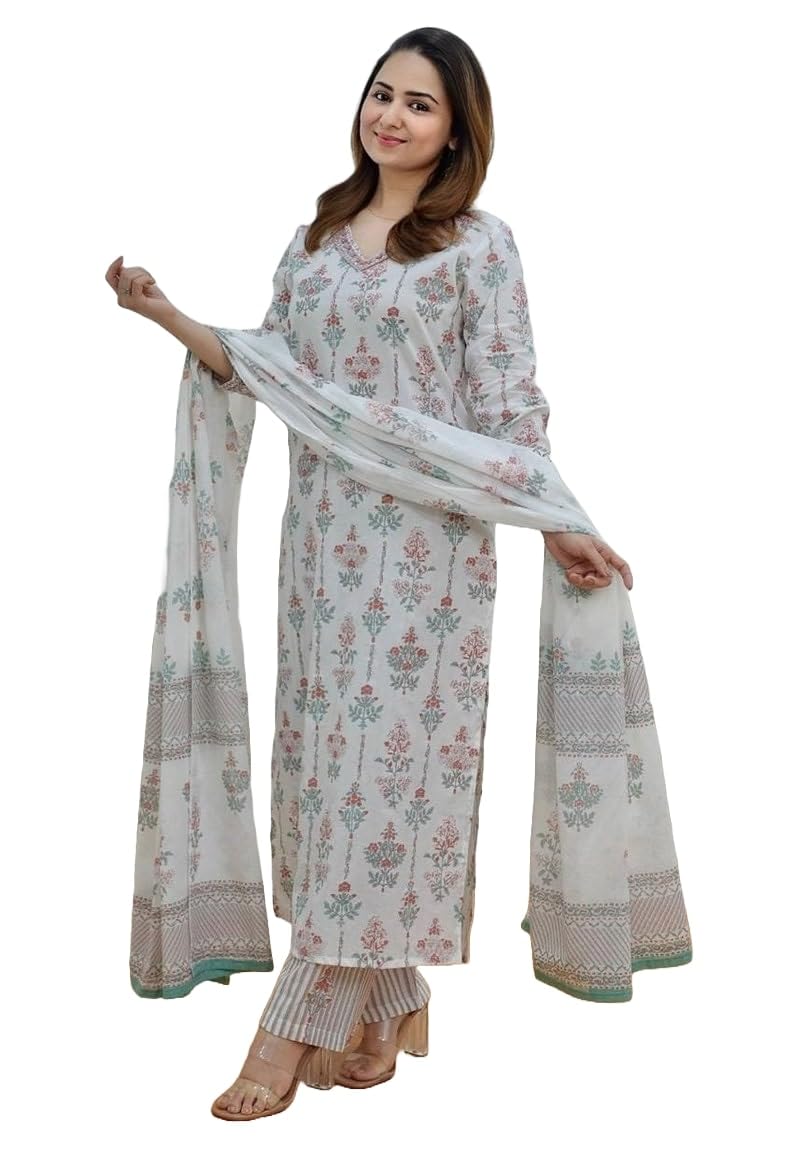 Yashika Women's Cotton Blend Floral Regular Ethnic Wear Set-Unleash Your Inner Diva (AZ-YS-OG-KS2124-Parent_White_S)