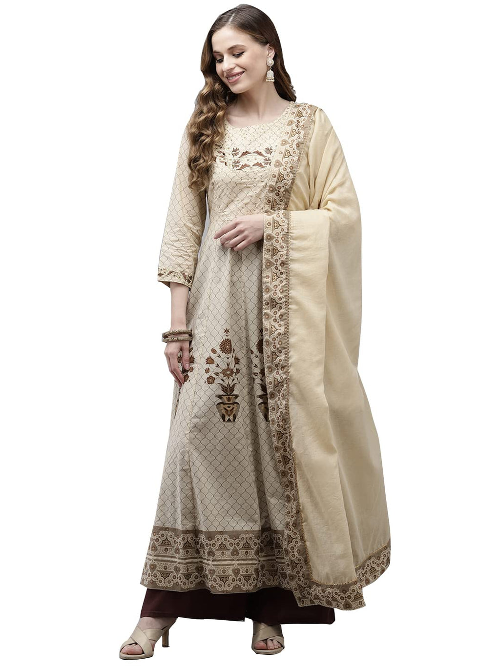 Ishin Women'S Cotton Beige Foil Embroidered Anarkali Kurta With Dupatta