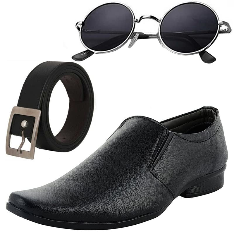 Vitoria Stylish & Fashionable Men Formal Shoes with Free Belt & Unisex Round Black Sunglasses Combo/8 8