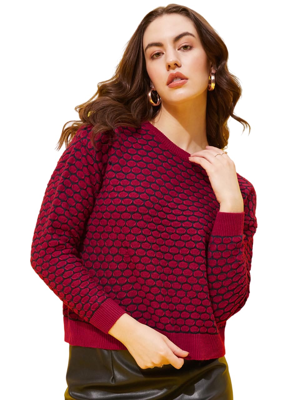 Modeve Self Design Round Neck Casual Women Crop Top Sweater||Winterwear|| Red
