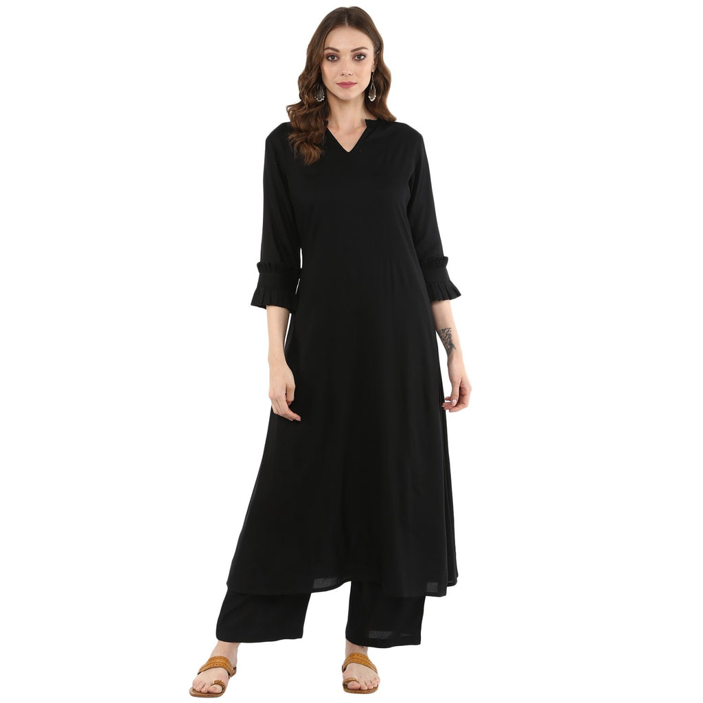 Idalia Rayon Solid A-Line Black Kurta Set For Women Stylish Boat Neck Design Kurta Set With Pant