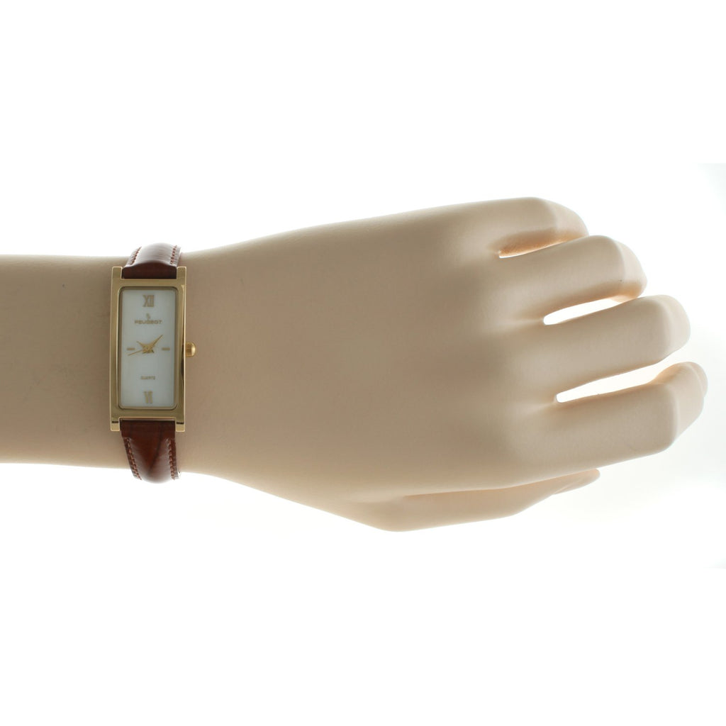 Peugeot Women's Slim 14K Gold Plated White Mother of Pearl Face Roman Numeral Brown Leather Thin Strap Dress Watch 3017BR