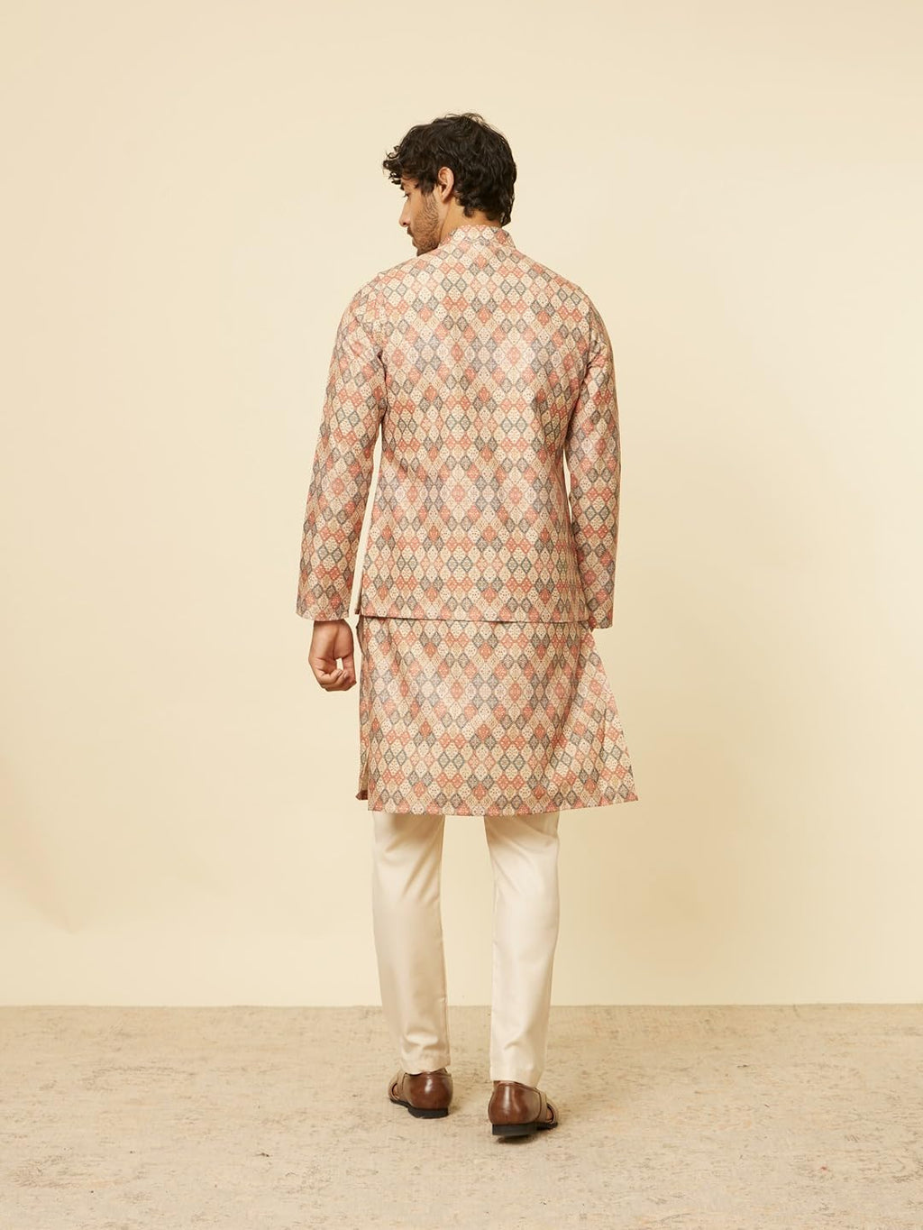 Manyavar Mens Beige Blended Viscose Printed Jackets