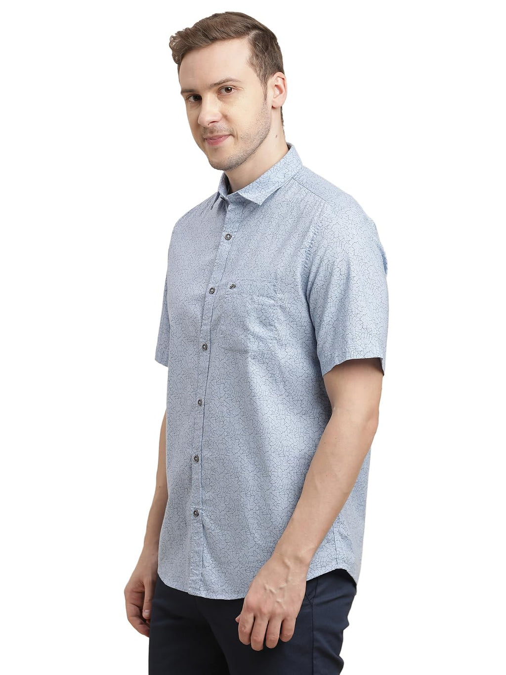Turtle Men 100% Cotton Slim Fit Light Blue Printed Half Sleeve Casual Shirt