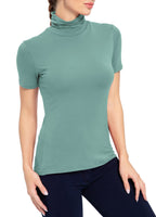 AUHEGN Short Sleeve Mock Turtleneck Stretch Slim T Shirt Layer Top Light Dusty Green Medium