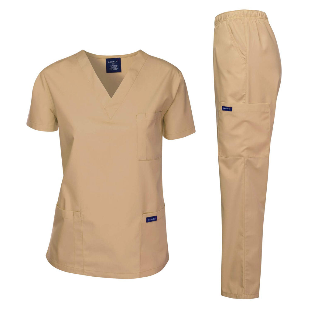 Dagacci Medical Uniform Woman and Man Scrub Set Unisex Medical Scrub Top and Pant, Khaki, S