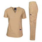 Dagacci Medical Uniform Woman and Man Scrub Set Unisex Medical Scrub Top and Pant, Khaki, S