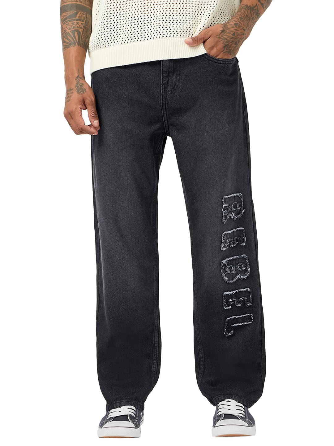 Bewakoof Mens Applique Straight Fit Pure Cotton Washed Jeans_684679_Black_30