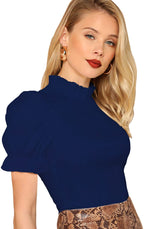 Shasmi Womens Blue Pleated High Neck Short Puff Sleeve Ruched Bust Solid Tops for Women/Tops for Girls (Shree Top 22 Navy Blue