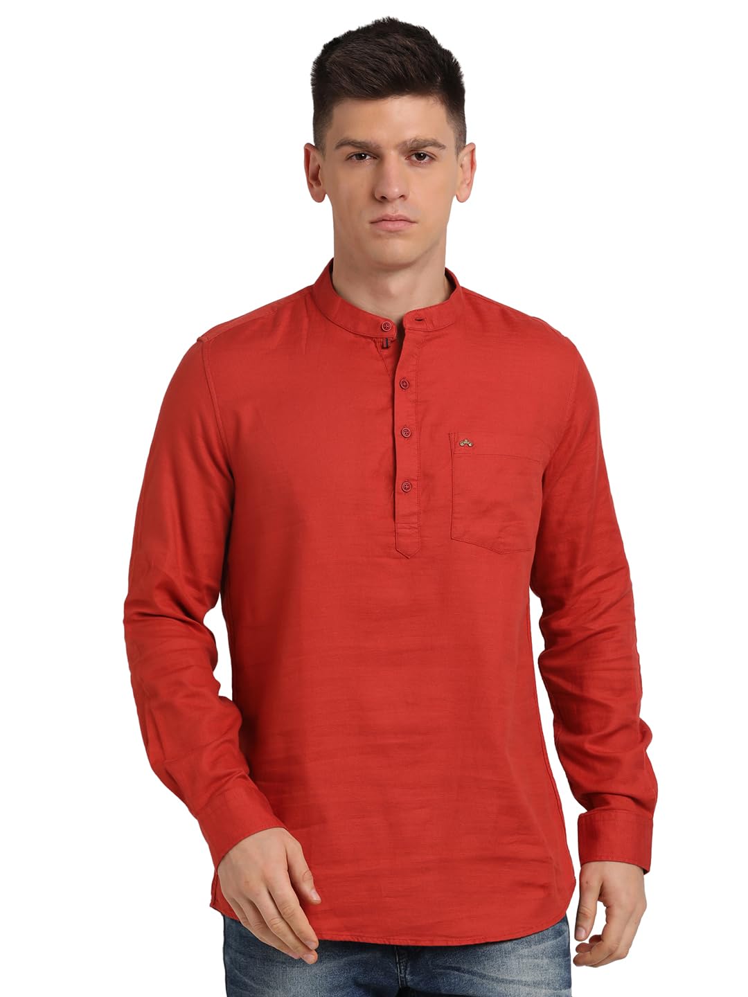 Turtle Men 100% Cotton Brick Red Solid Slim Fit Casual Kurta Shirt