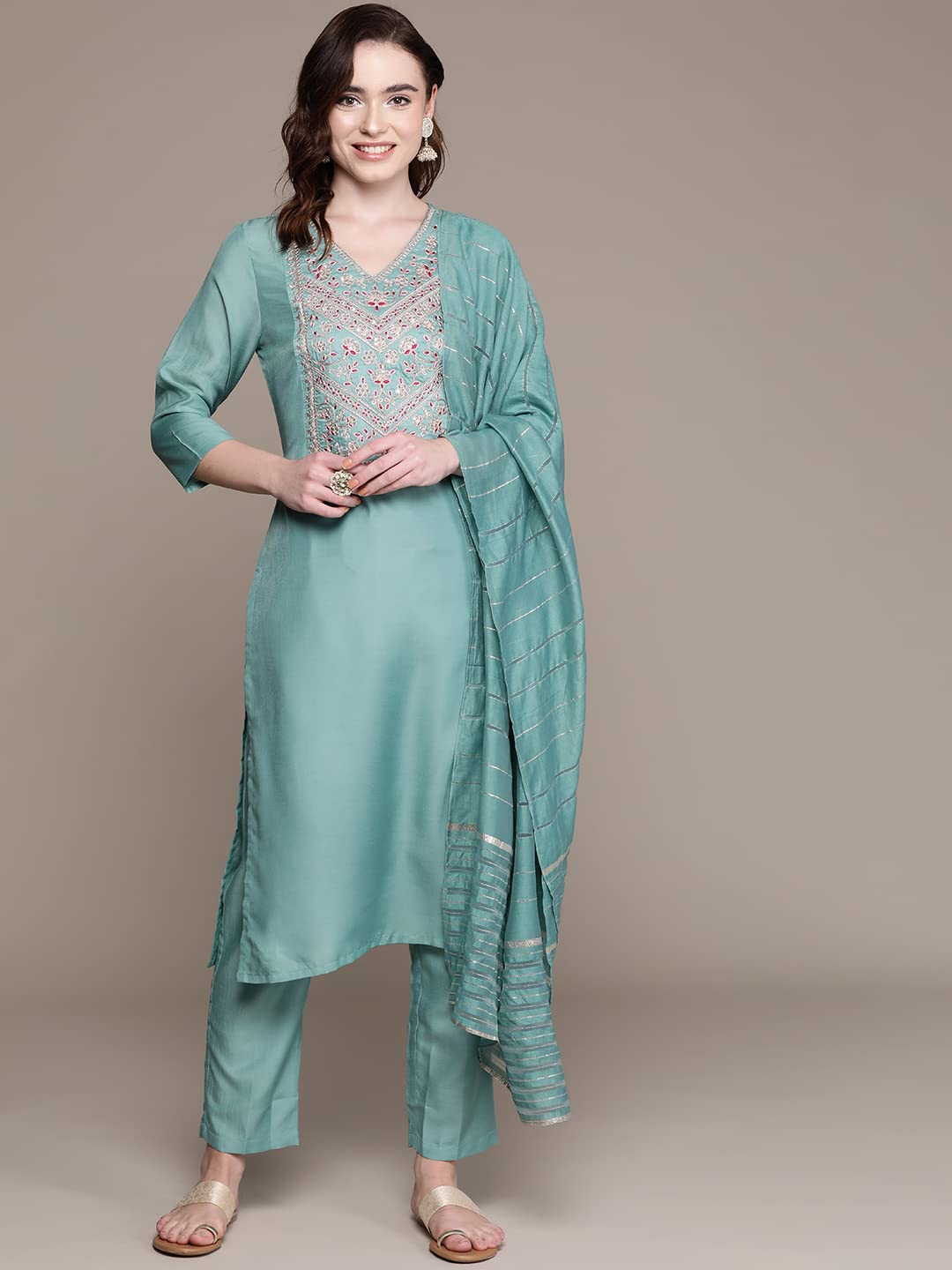 Anubhutee Women'S Rayon Sea Green Ethnic Motifs Embroidered Straight Kurta Suit Set With Pants And Dupatta