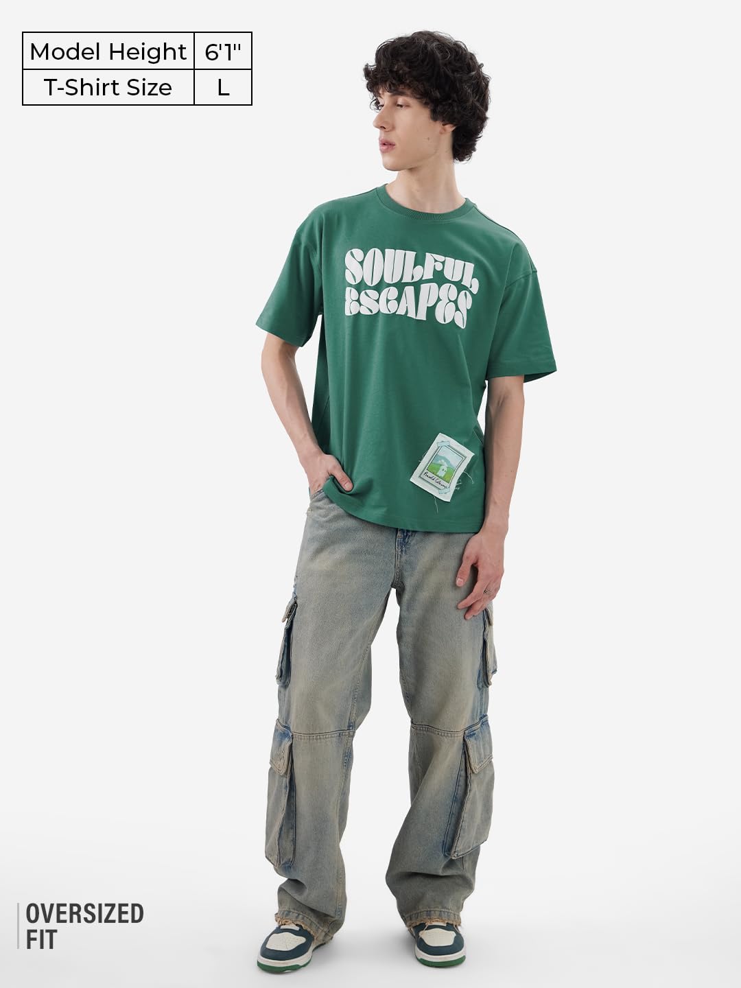 The Souled Store Soulful Men and Boys Short Sleeves Round Neck Green Puuff Printed Cotton Oversized T-Shirts