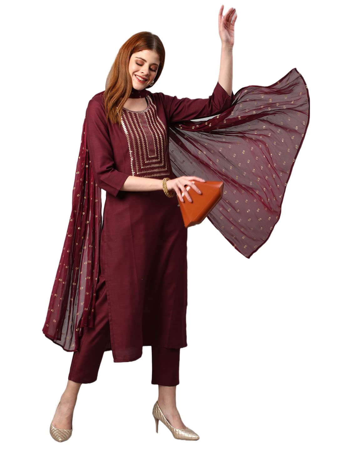ANNI DESIGNER Women's Cotton Blend Solid Straight Kurta with Pants & Dupatta (Indira-Brown_L_Brown_Large)
