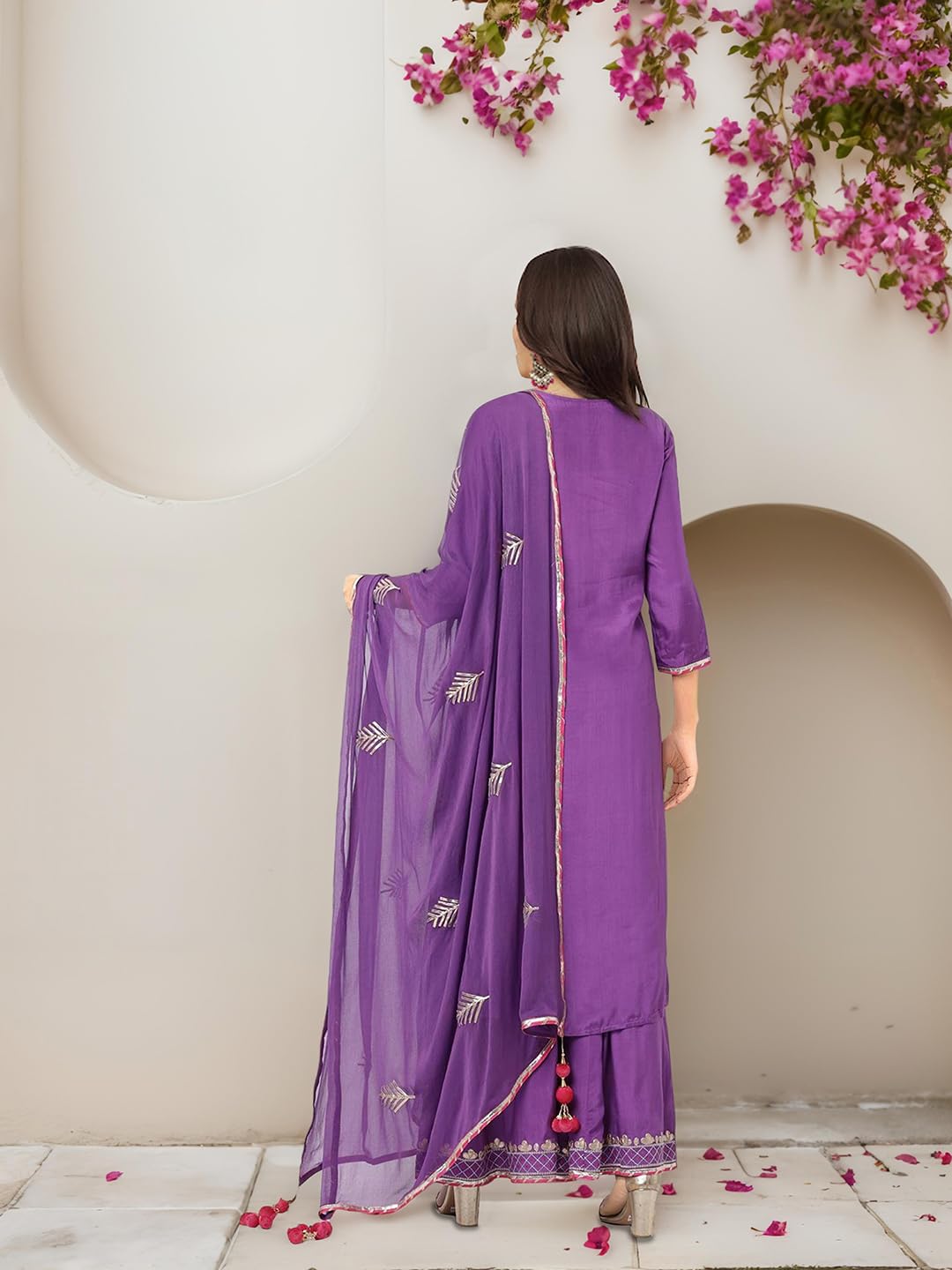 Ishin Purple Gotta Patti Detail Straight Kurta With Sharara And Dupatta
