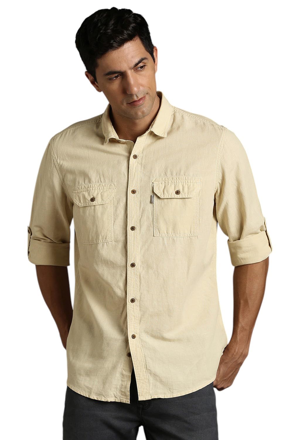 Louis Philippe Men Beige Solid Full Sleeves Casual Shirt