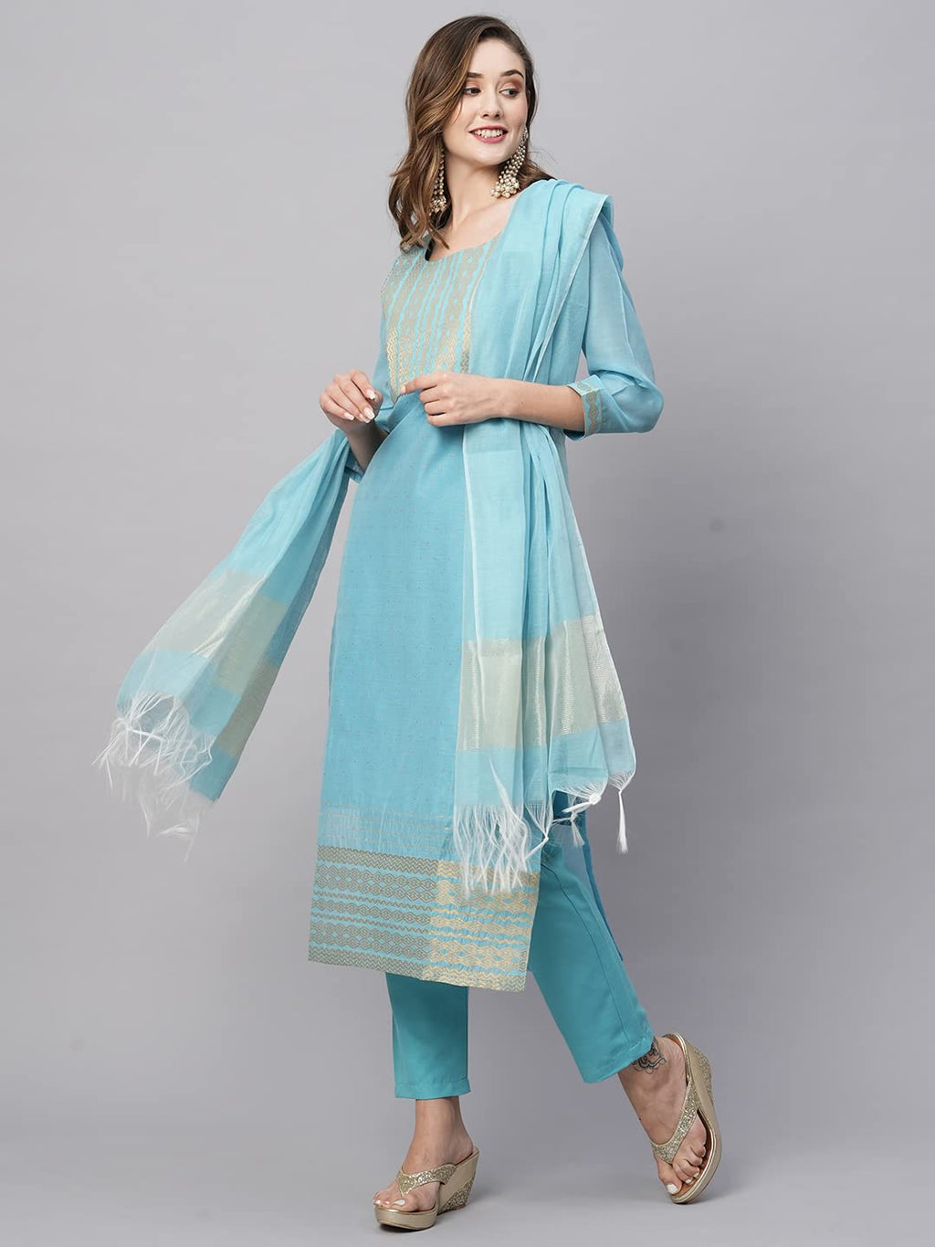 ANNI DESIGNER Womens Cotton Blend Straight Solid Kurta with Pant & Dupatta (Lahar-FIROZI_3XL_Sky Blue_XXX-Large)