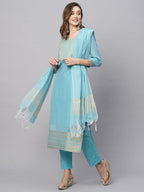 ANNI DESIGNER Womens Cotton Blend Straight Solid Kurta with Pant & Dupatta (Lahar-FIROZI_S_Sky Blue_Small)