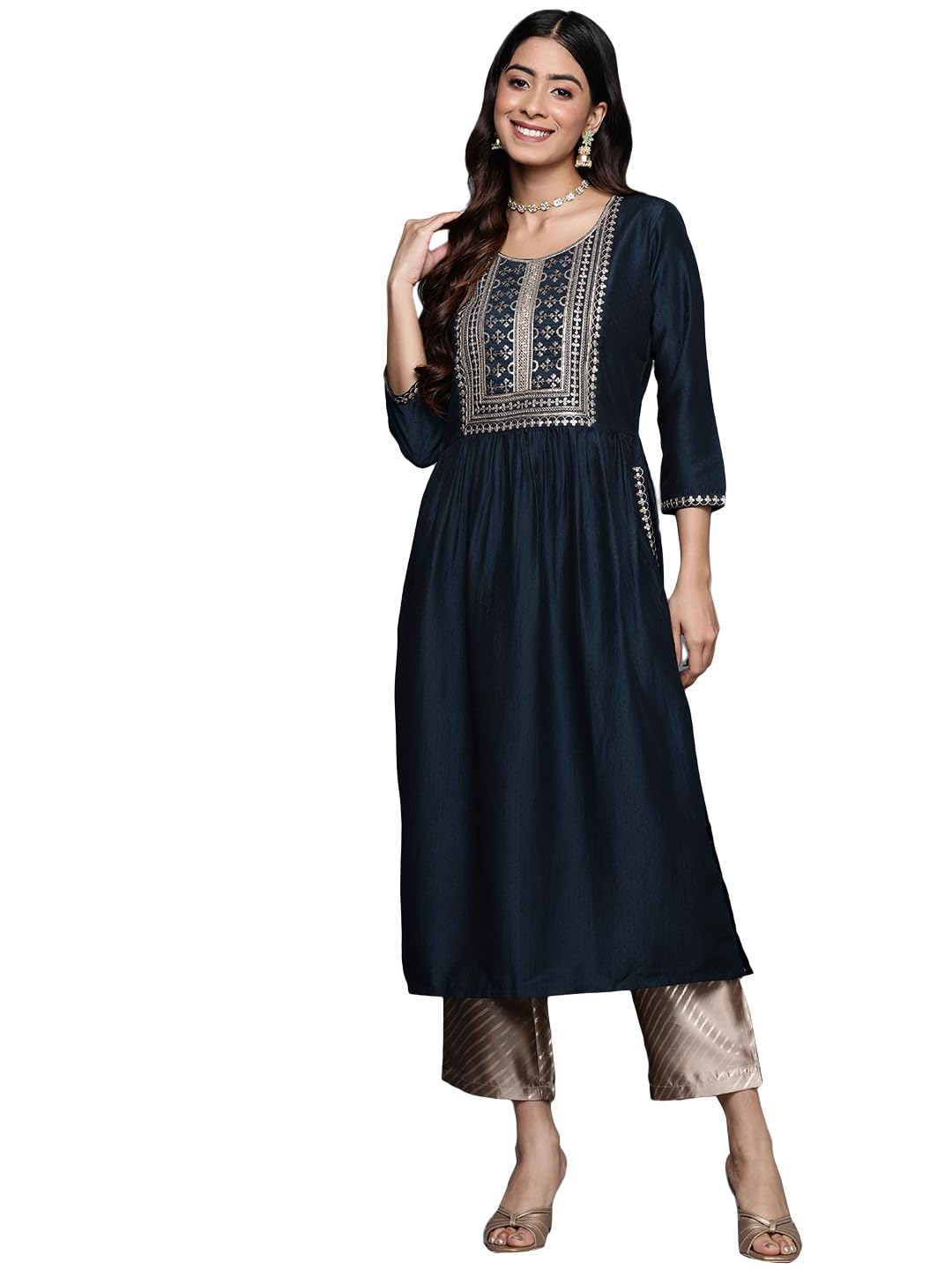 Libas Women'S Silk Embellished A-Line Kurta (28104_Navy Blue