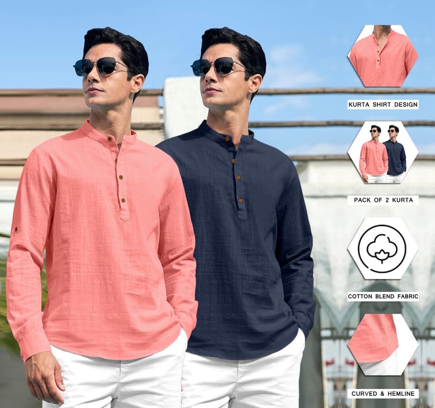 Royalscout Combo Of MenS Solid Cotton Blend Full Sleeve Straight Kurta Shirt (Pack Of 2) Peach-Navy