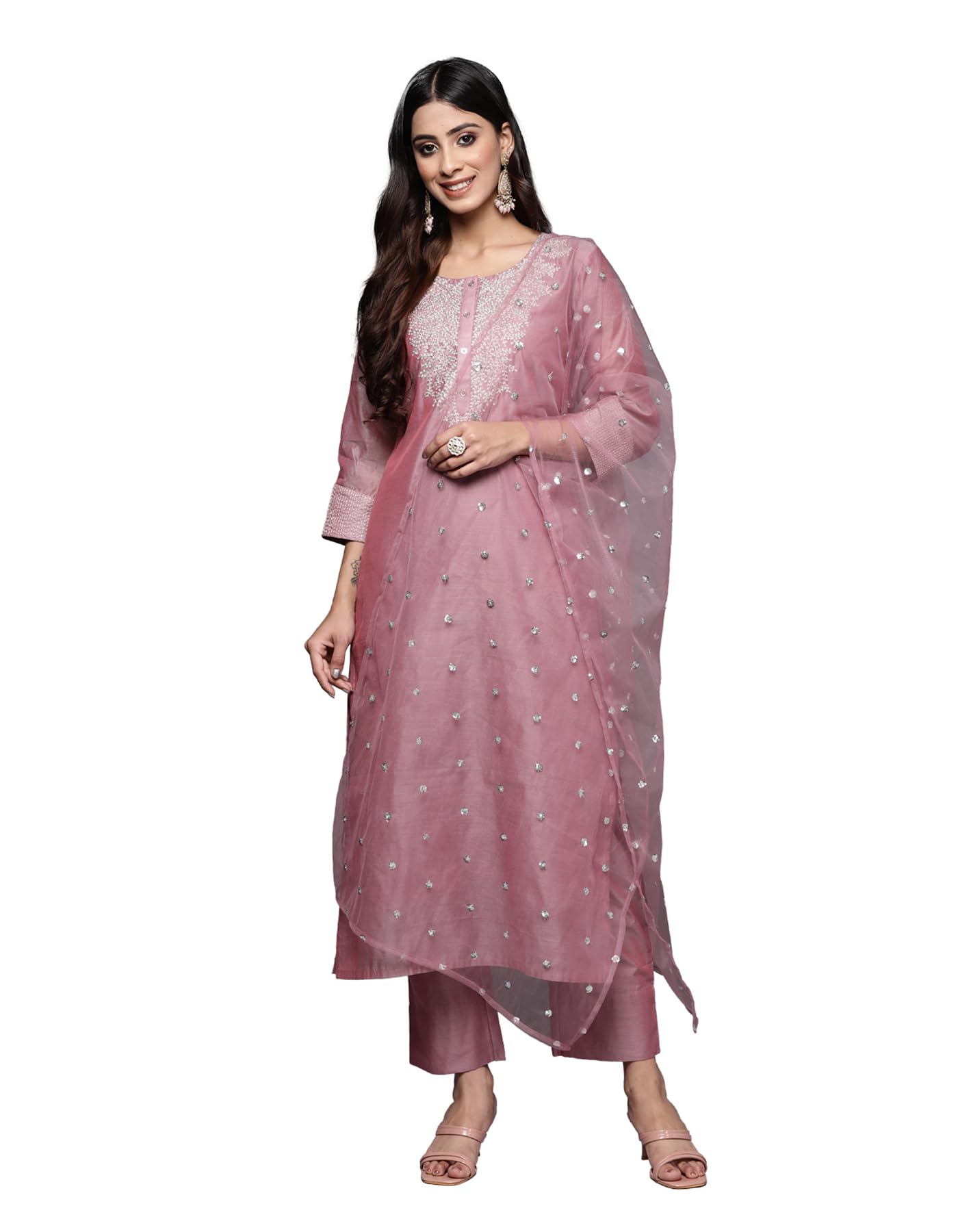 Varanga Women Pink Zari Embroidered A-Line Kurta with Bottom and Dupatta  Kurti Set with Dupatta for Women (Small)