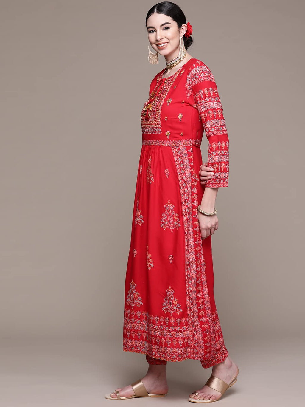 Anubhutee Women'S Teal Ethnic Motifs Printed Thread Work Rayon Kurta Suit Set With Trousers & Dupatta