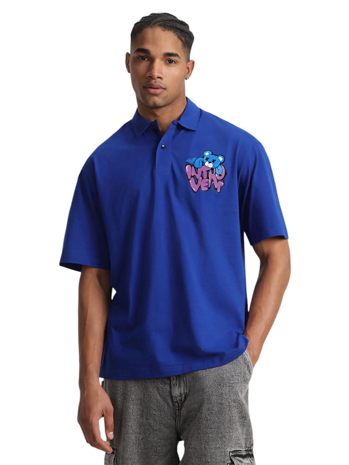 Veirdo Men's Oversized Baggy Fit Drop Shoulder Short Sleeve Graphic Printed Polo Neck T-Shirt Royalblu