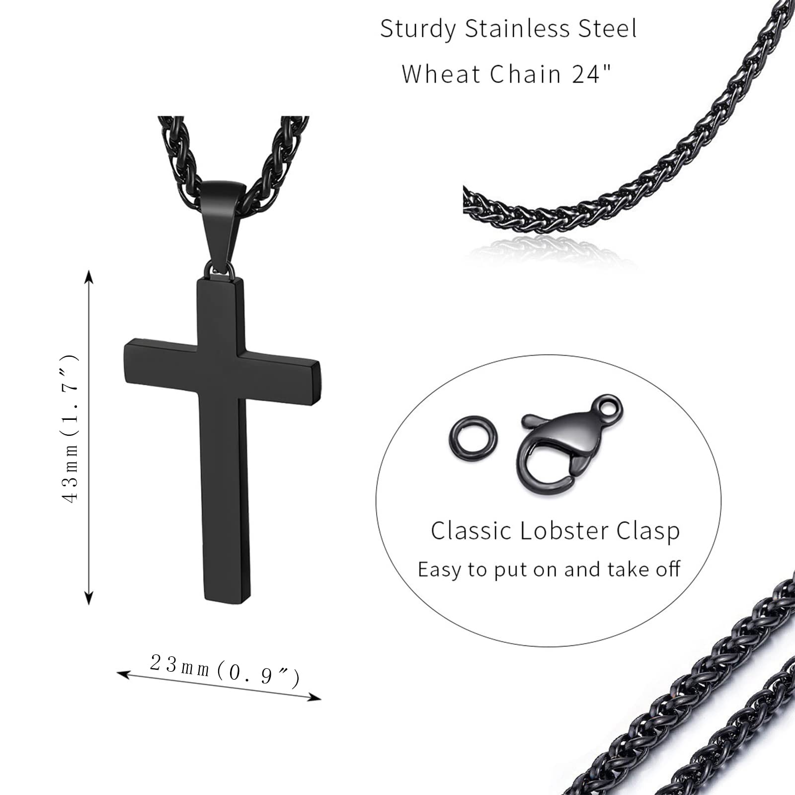 P. BLAKE Cross Necklace for Men Boys, Stainless Steel Mens Cross Pendant Chain Christian Religious Jewelry Valentine Christmas G