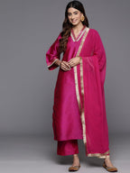 Varanga Women Fuchsia Zari Embroidered Kurta Paired With Bottom And Dupatta