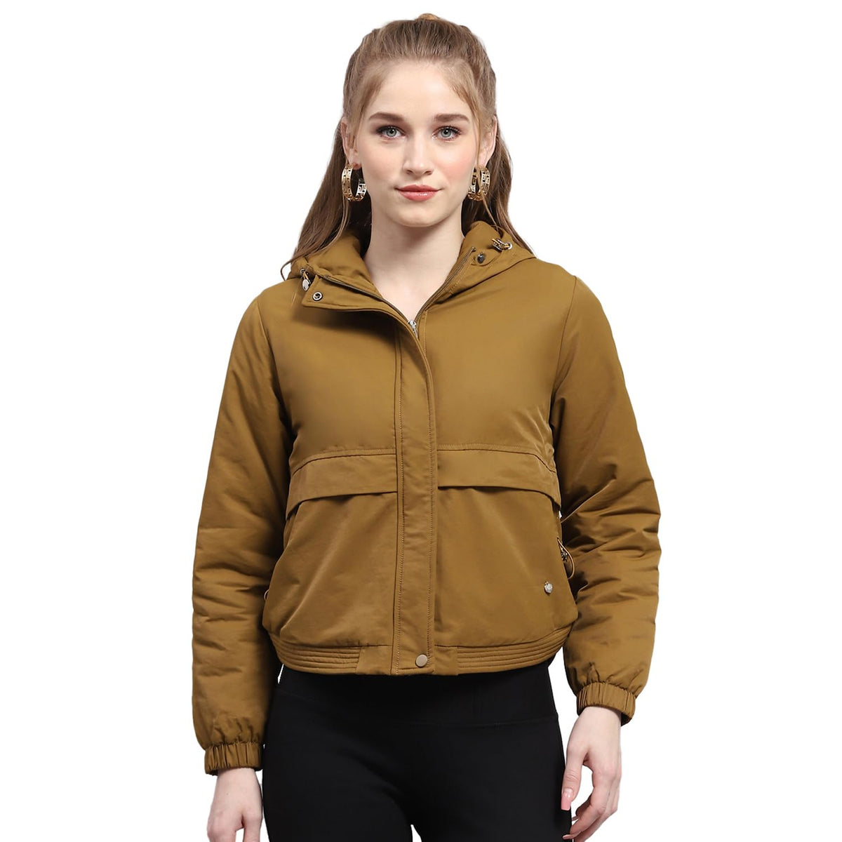 Monte Carlo Womens Solid Khaki Hooded Neck Full Sleeve Jacket (224067432142) 2