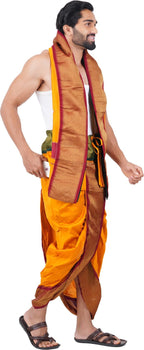 Prakasam Cotton Mens Asha Silk Panchakacham Ready To Wear Dhoti Towel Set With Pocket/Panchakacham Dhoti With Angavastram (Stitc