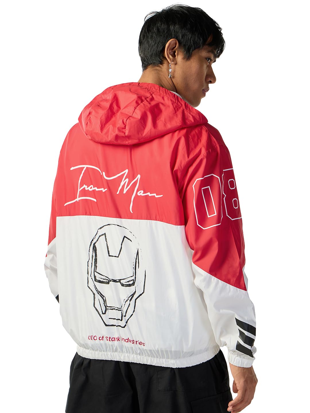 Bewakoof Air 1.0 Official Marvel Merchandise Iron Man MenS Graphic Print Oversized Fit Full Sleeve Hooded Nylon Jacket_642499_Wh