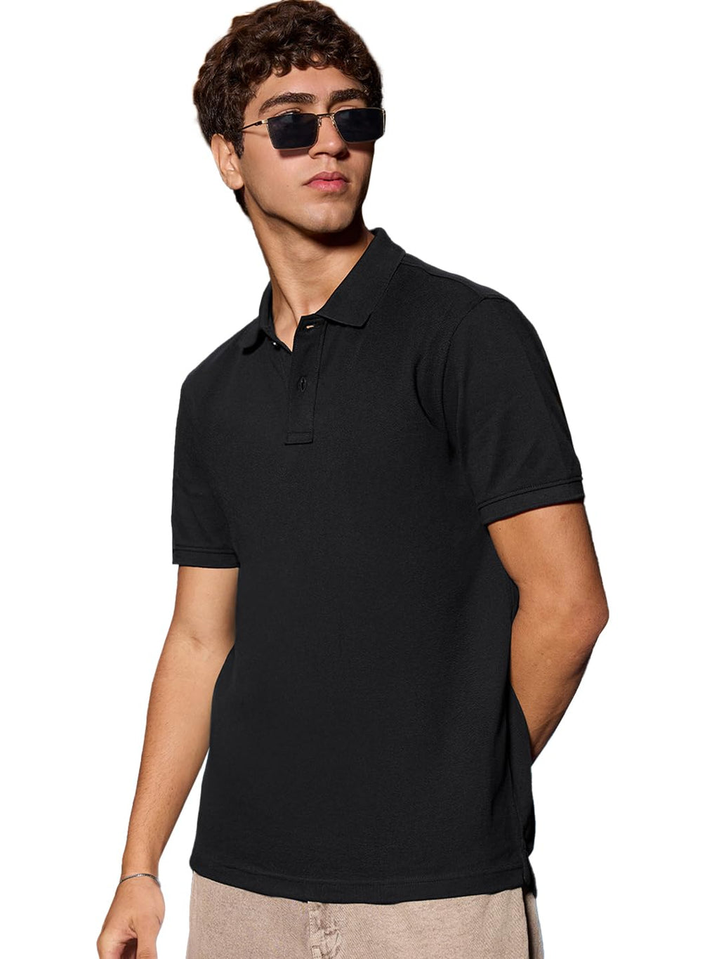 Bewakoof Mens Solid Regular Fit Half Sleeve Collared Neck Cotton Polo T-Shirt_685310_Black_XL