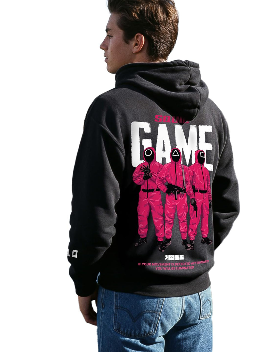 Bewakoof Heavy Duty 1.0 Official Squid Game Merchandise Mens Graphic Printed Oversized Fit Full Sleeve Fleece Hoodies_657415_Bl