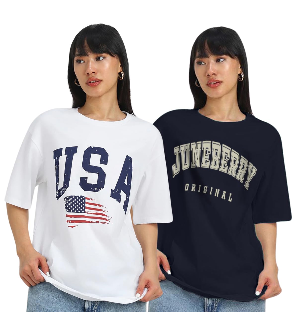 Juneberry Pack Of 2, 100% Pure Cotton, Round Neck, Oversized, Loose, Baggy Fit, Drop Shoulder, Graphic Printed, Half Sleeve T-Sh