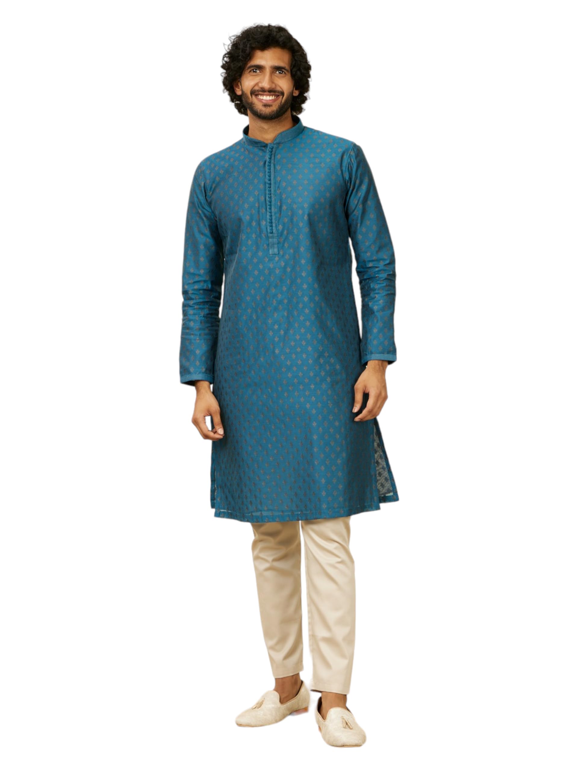 Manyavar Teal Blue Chanderi Embroidery|Zari Weave Kurta Pyjama Set for Men