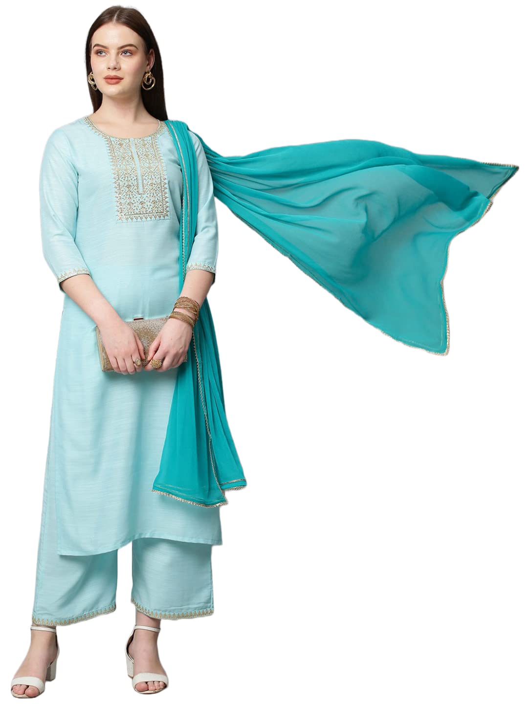 ANNI DESIGNER Womens Cotton Blend Solid Straight Kurta with Palazzos & with Dupatta (Dakum Sky Blue_XXL_Sky Blue_XX-Large)