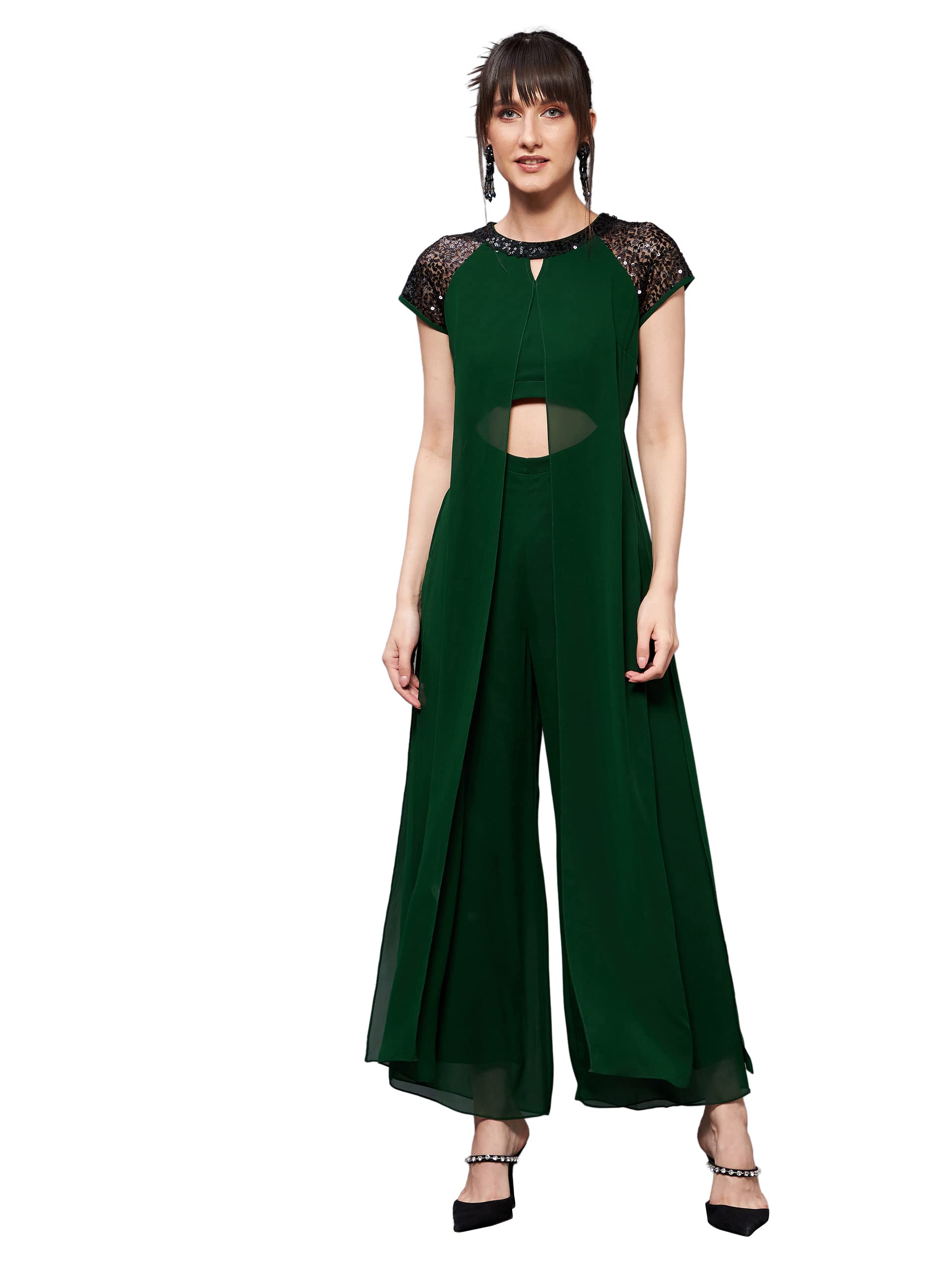Miss Chase WomenS Dark Green Round Neck Raglan Sleeve Solid Layered Regular Jumpsuit (Mcss21D04-65-42-06, Dark Green, Xl)