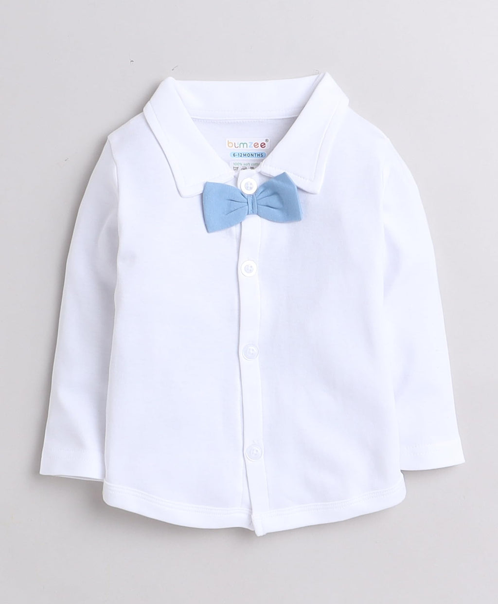 BUMZEE Powder Blue & White Boys Full Sleeves Shirt Waistcoat & Pant Set With Applique Bow