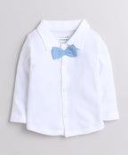 BUMZEE Powder Blue & White Boys Full Sleeves Shirt Waistcoat & Pant Set With Applique Bow