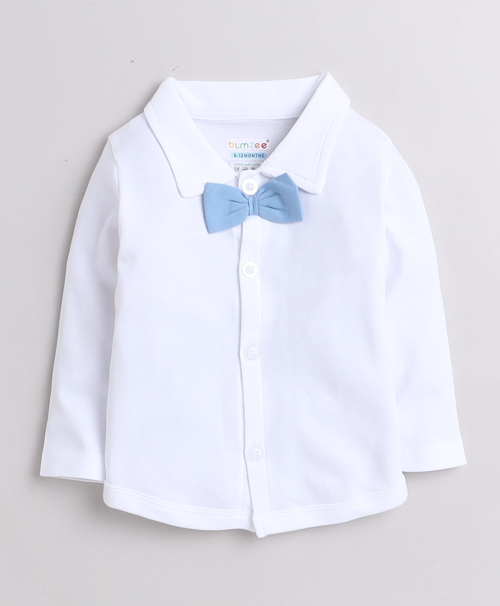 BUMZEE Powder Blue & White Boys Full Sleeves Shirt Waistcoat & Pant Set With Applique Bow