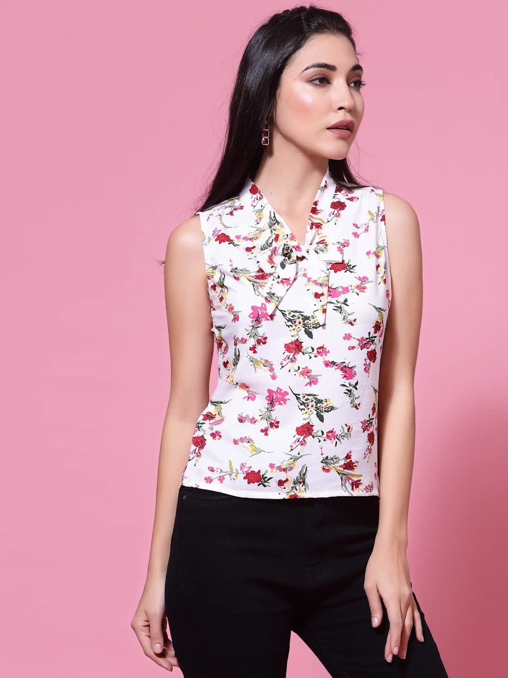 OOMPH! Womens Crepe Printed top with Tie Neck and Sleeveless