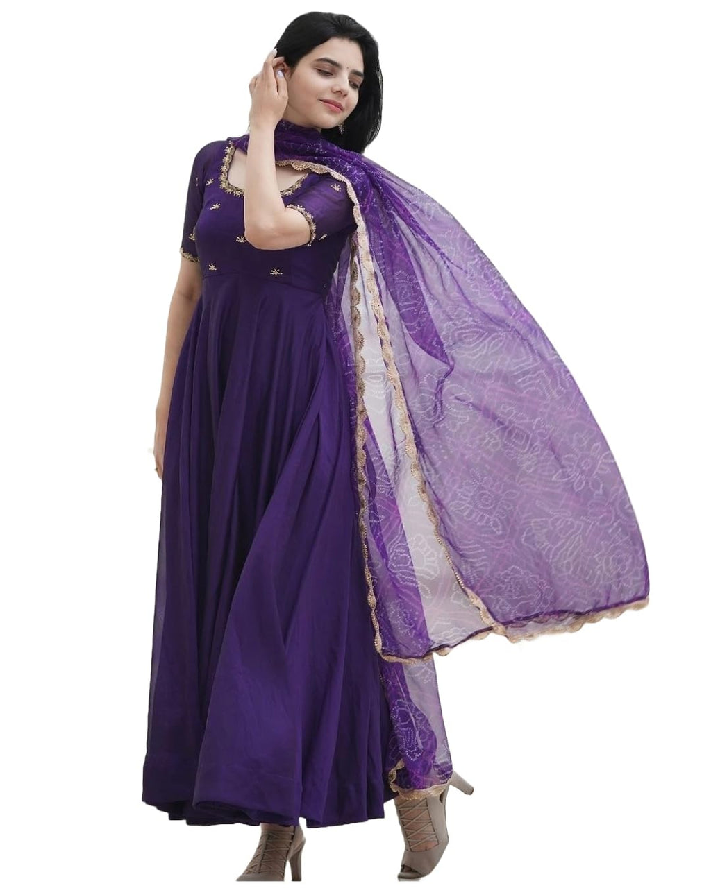 ANNI DESIGNER Womens Rayon Blend Anarkali Embroidered Kurta with Pant & Dupatta (Gumsum Begani_XL_Begani_X-Large)