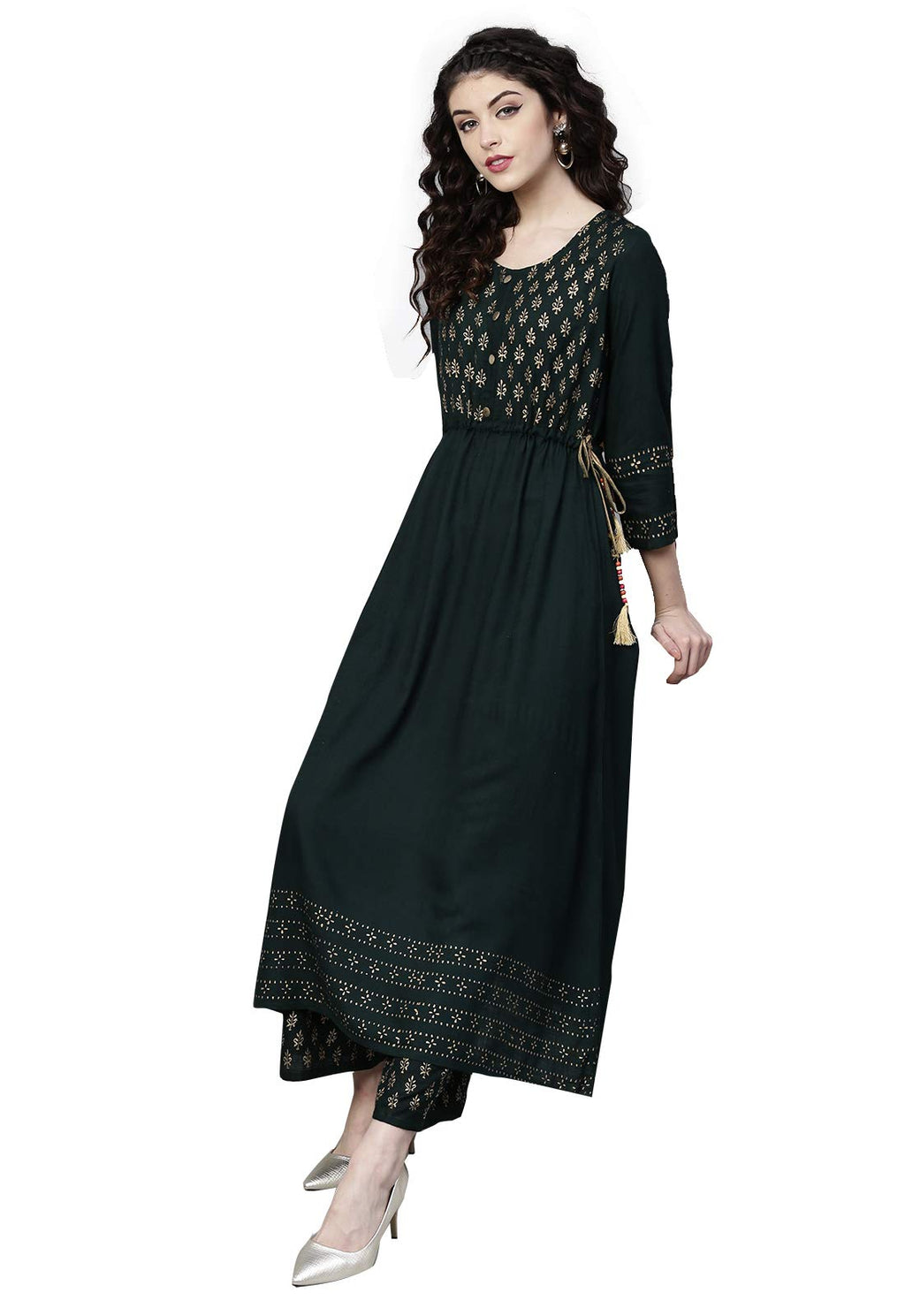 Ishin Women'S Rayon Green Printed Anarkali Kurta Set With Palazzo