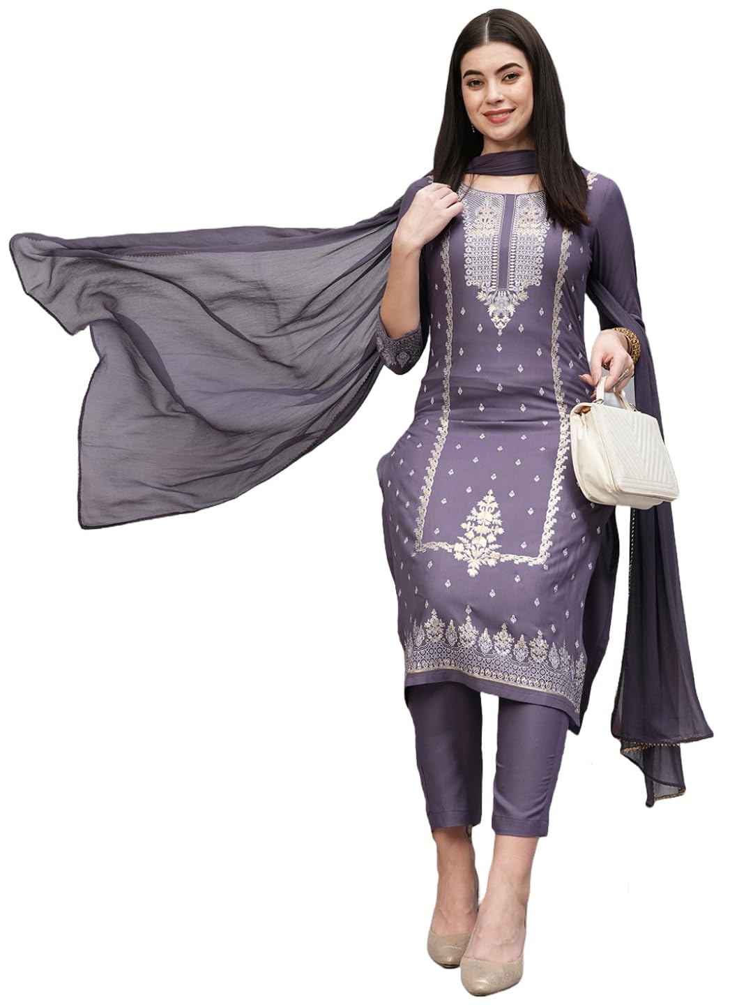 ANNI DESIGNER Womens Cotton Blend Straight Printed Kurta with Pant & Dupatta (Rowan Purple_L_Purple_Large)