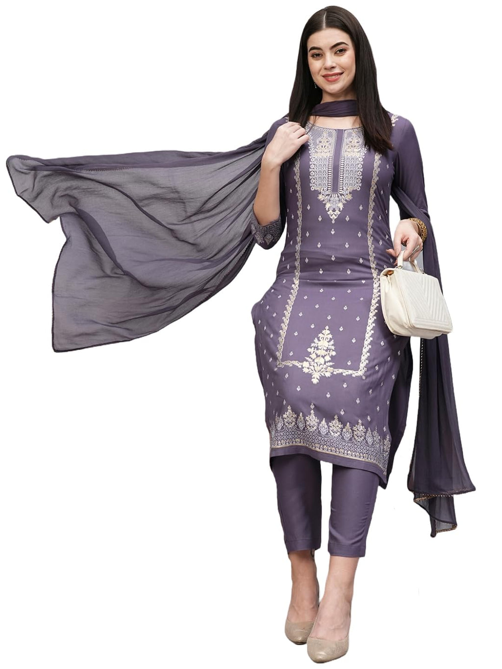 ANNI DESIGNER Womens Cotton Blend Straight Printed Kurta with Pant & Dupatta (Rowan Purple_XL_Purple_X-Large)
