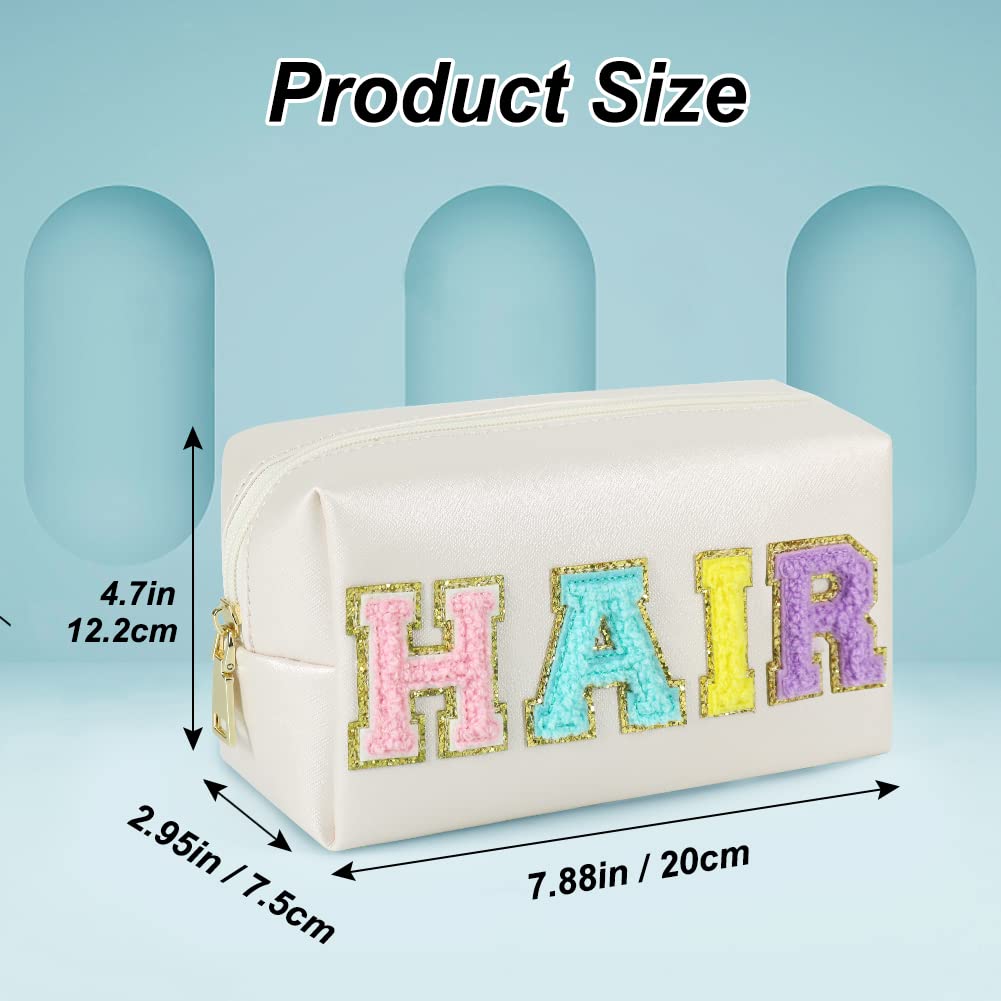 JOINDO Preppy Patch Makeup Bag, Chenille HAIR Letter Cosmetic Bag,PU Leather Skincare Toiletry Bag, Portable Makeup Bag with Var