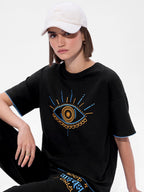 The Souled Store Evil Eye Women and Girls Short Sleeve Round Neck Black Graphic Printed Cotton Oversized T-Shirts