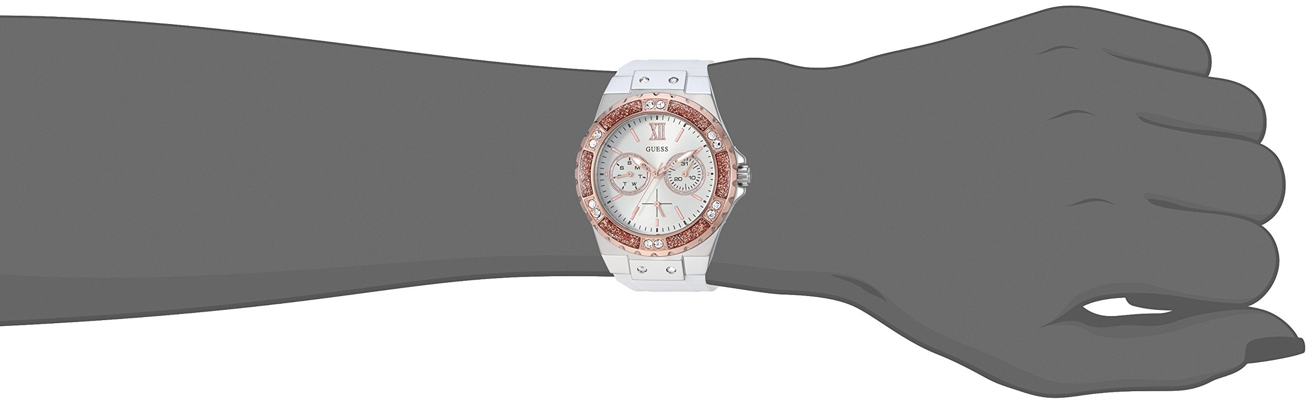 GUESS Stainless Steel + Rose Gold-Tone White Stain Resistant Silicone Watch with Day + Date Functions. Color: White (Model: U105