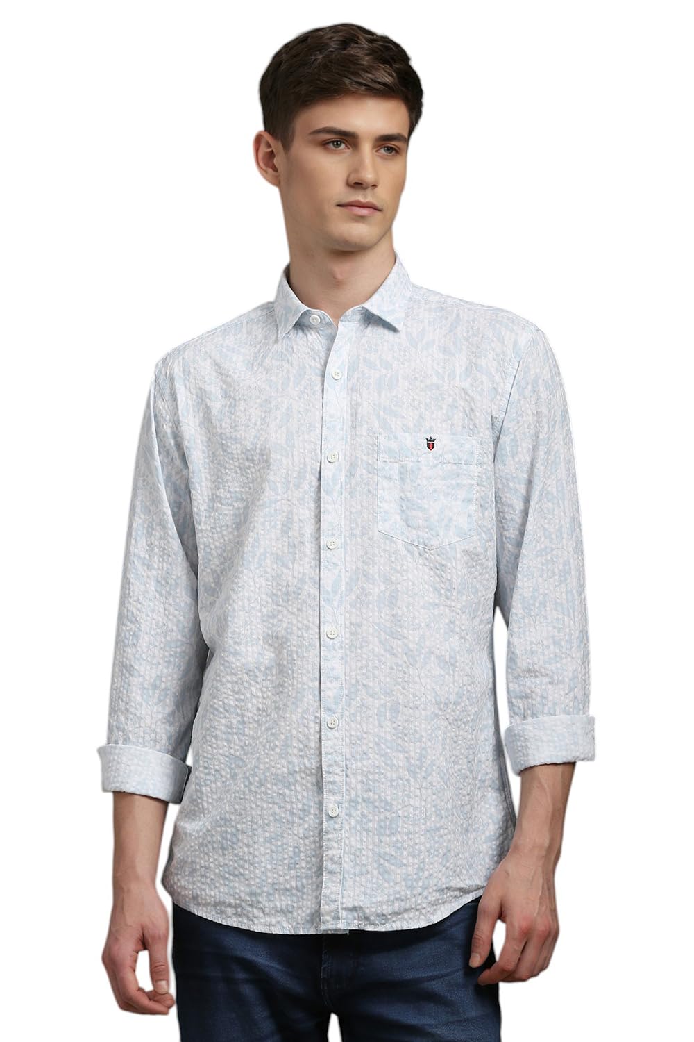 Louis Philippe MenS Cotton Letter Print Slim Fit Shirt (Lrsfnslb062744_Medium Blue)